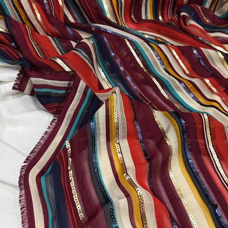 カラフルなストライプ刺繍スパンコール生地エスニックスタイルシ - Ethnic Fashion Design のレビューと価格